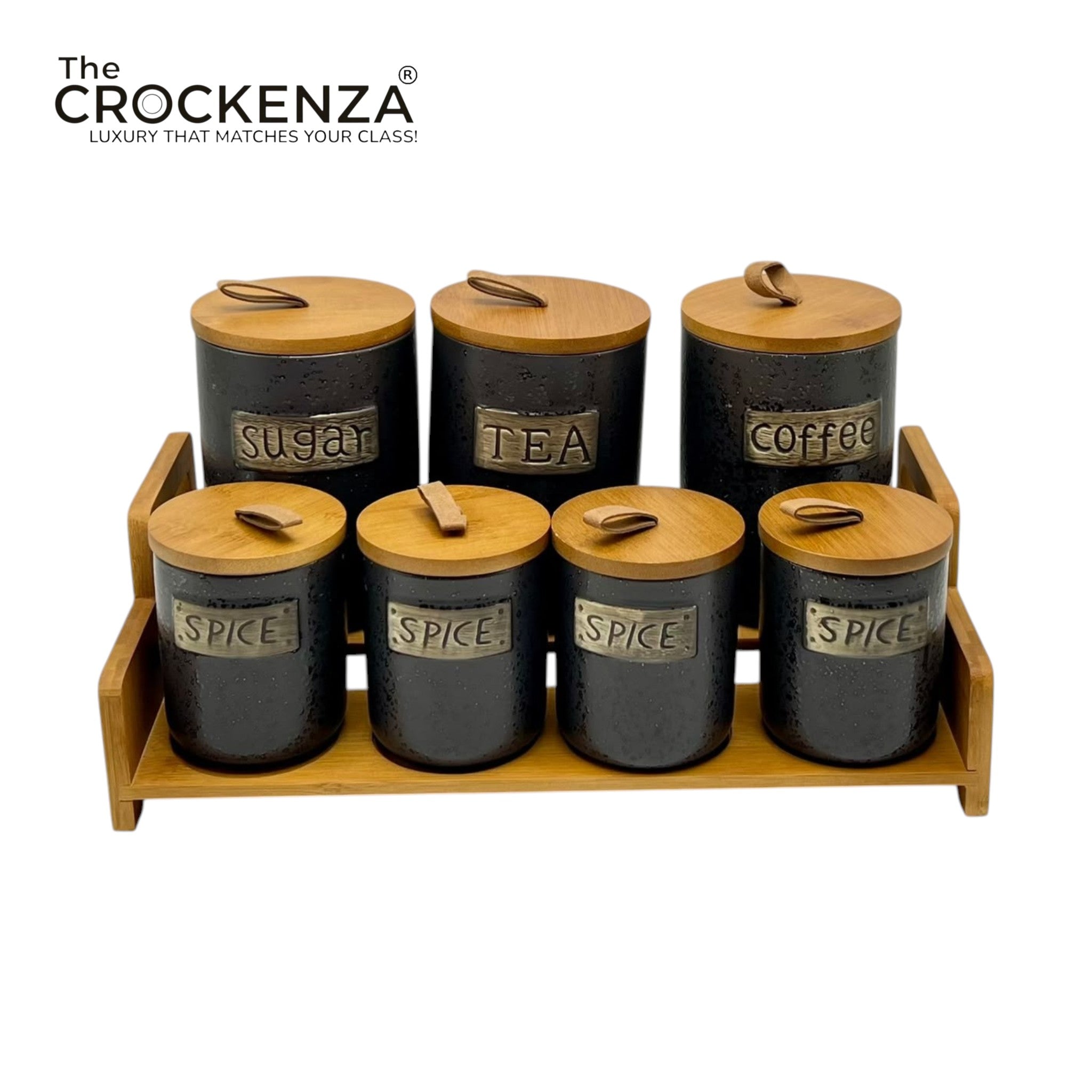 7-Piece Ceramic Airtight Jar Set with Wooden Lids & Storage Tray