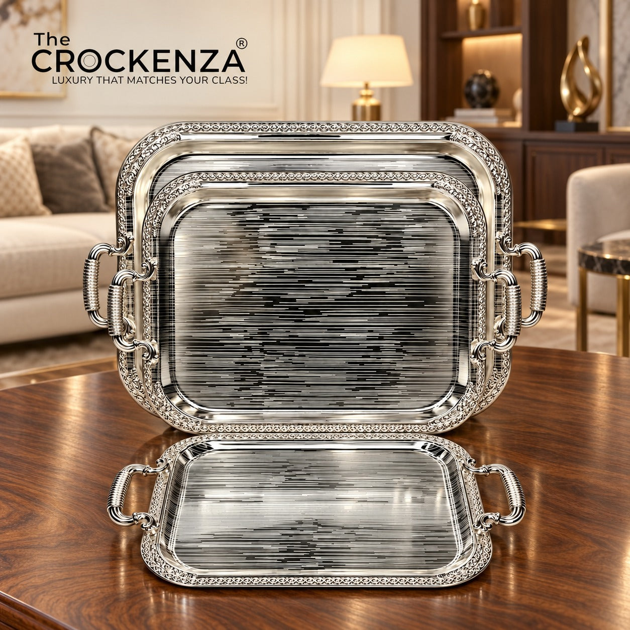 Luxury 3 Pcs Stainless Steel Serving Tray Set – Mirror Polish Finish with Elegant Handles