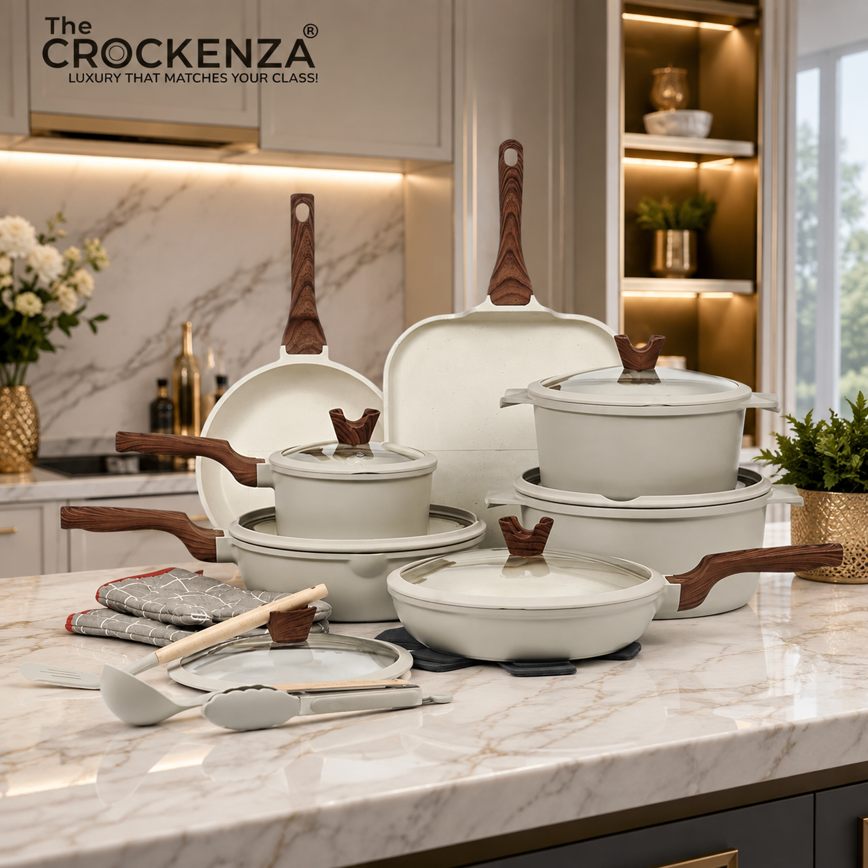 DONNOR RELLY 21-piece PFOA Free Granite-Coated Non-Stick Cookware Set - Ivory
