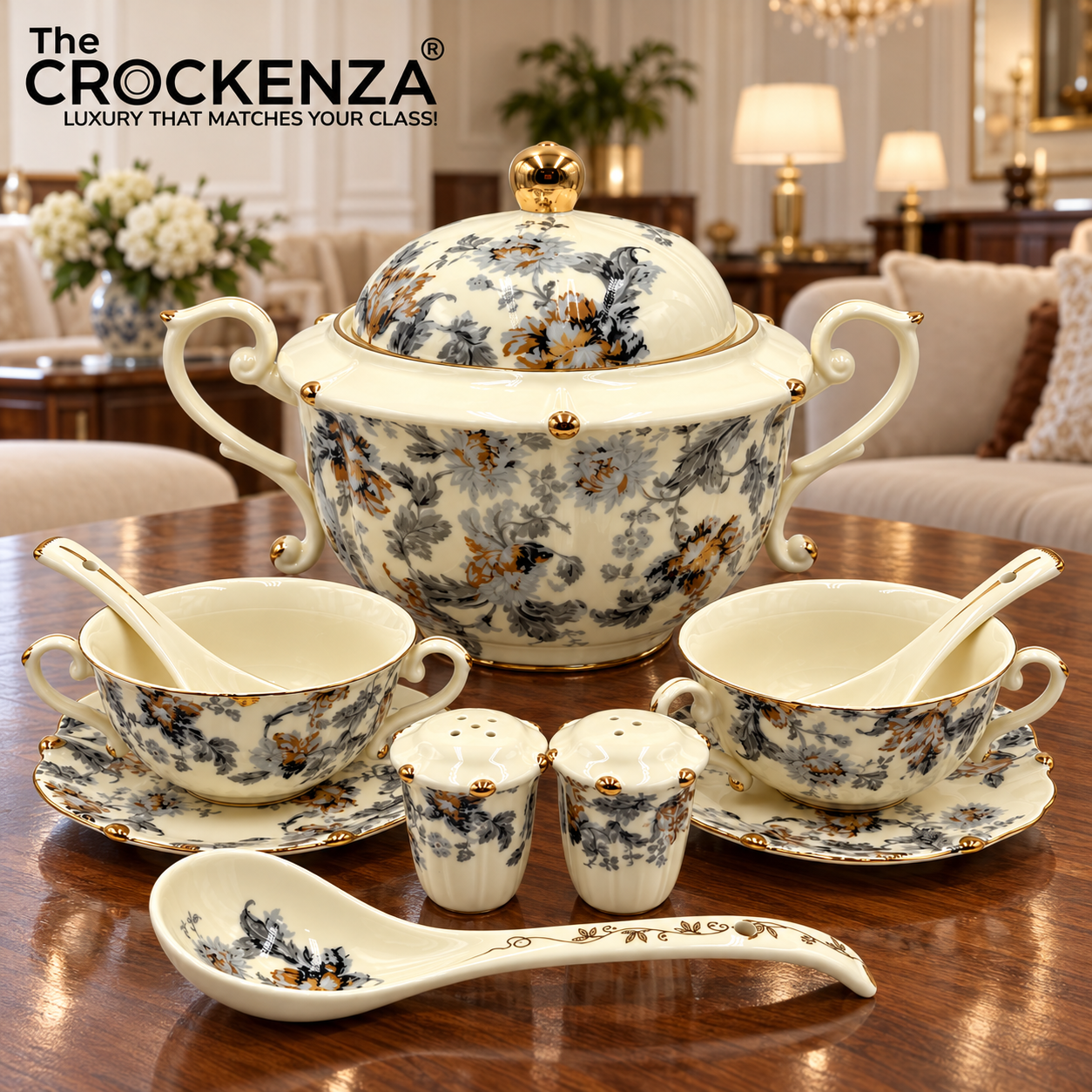 Imported Royal Albert Inspired 23-Piece Floral Soup Set with Gold Trim