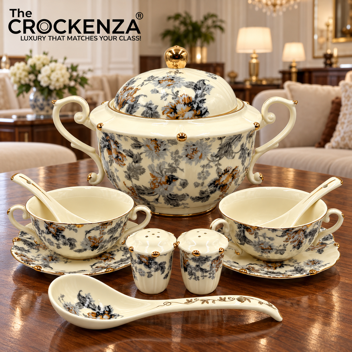 Imported Royal Albert Inspired 23-Piece Floral Soup Set with Gold Trim