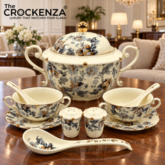 Imported Royal Albert Inspired 23-Piece Floral Soup Set with Gold Trim
