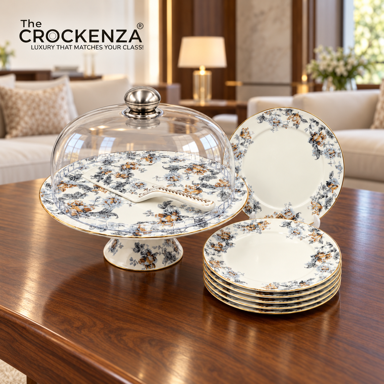 Royal Albert–Inspired 9-Pcs Bone China Cake Set | Floral Elegance Acrylic with Dome