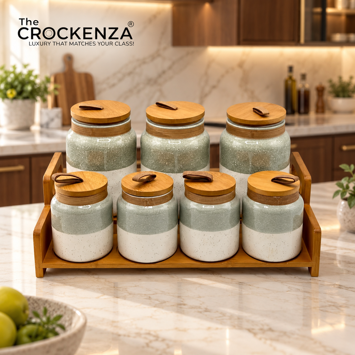 7-Piece Ceramic Airtight Jar Set with Wooden Lids & Storage Tray