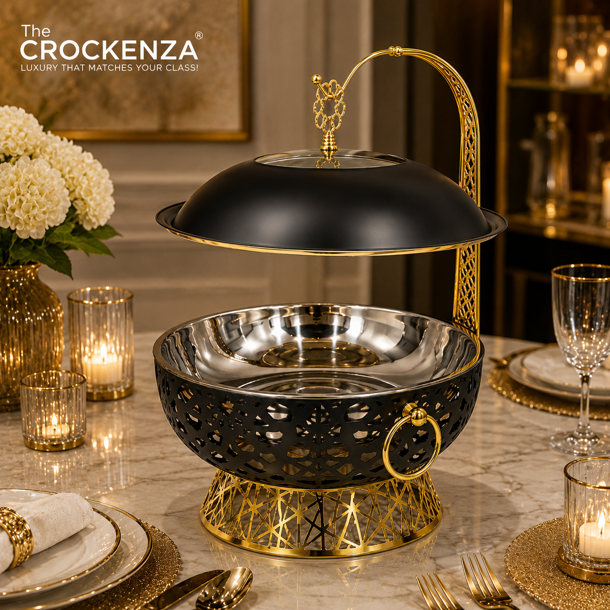 Luxury Black & Gold Stainless Steel Buffet Dish with Hanging Lid (8 Litre) – Premium Food Warmer & Serving Dish