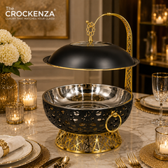 Luxury Black & Gold Stainless Steel Buffet Dish with Hanging Lid (8 Litre) – Premium Food Warmer & Serving Dish