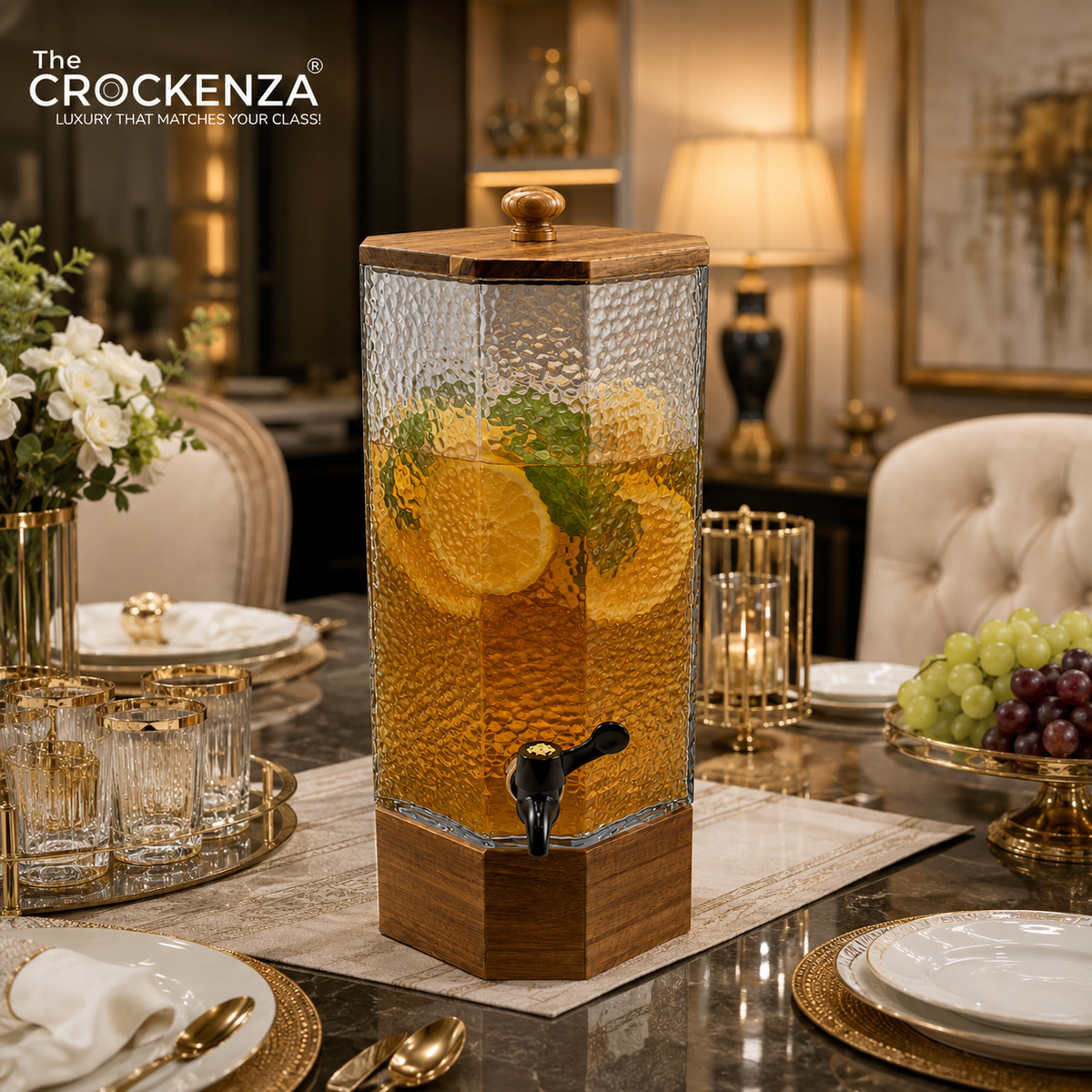 Luxury Glass Beverage Dispenser with Wooden Lid & Stand (3L & 4L) – Premium Ribbed Drink Server with Tap for Water, Juice & Parties