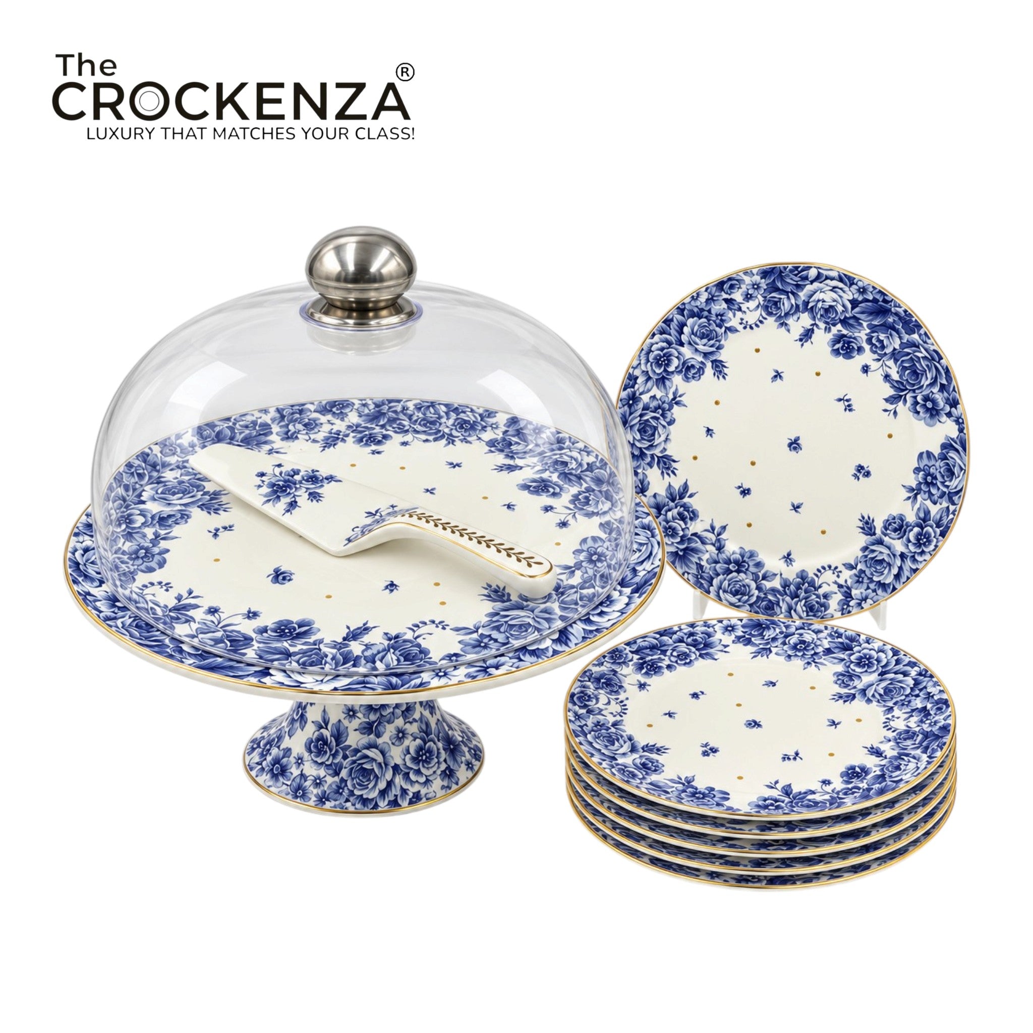 Royal Albert–Inspired 9-Pcs Bone China Cake Set | Floral Elegance with Dome