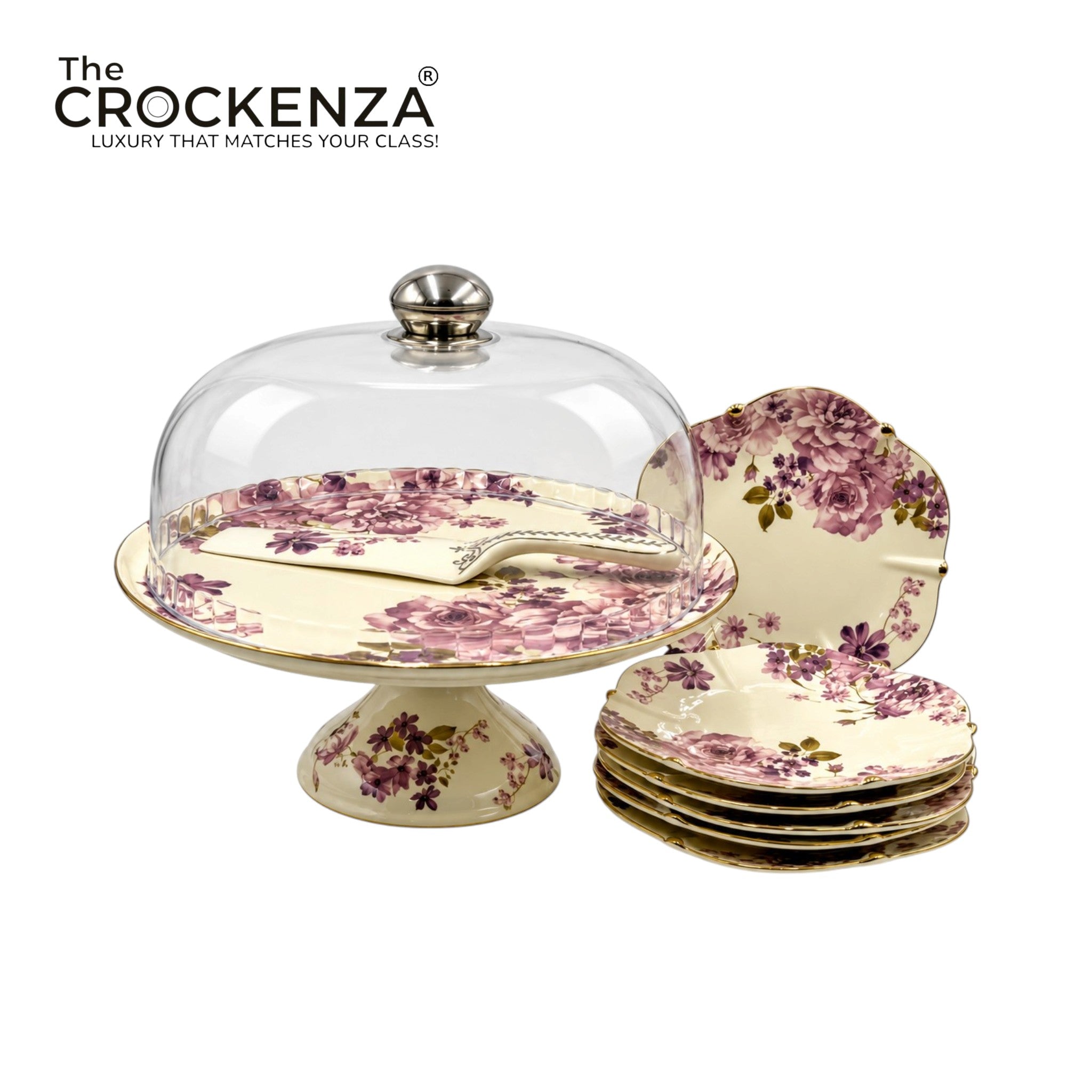 Royal Albert–Inspired 9-Pcs Bone China Cake Set | Floral Elegance with Acrylic Dome
