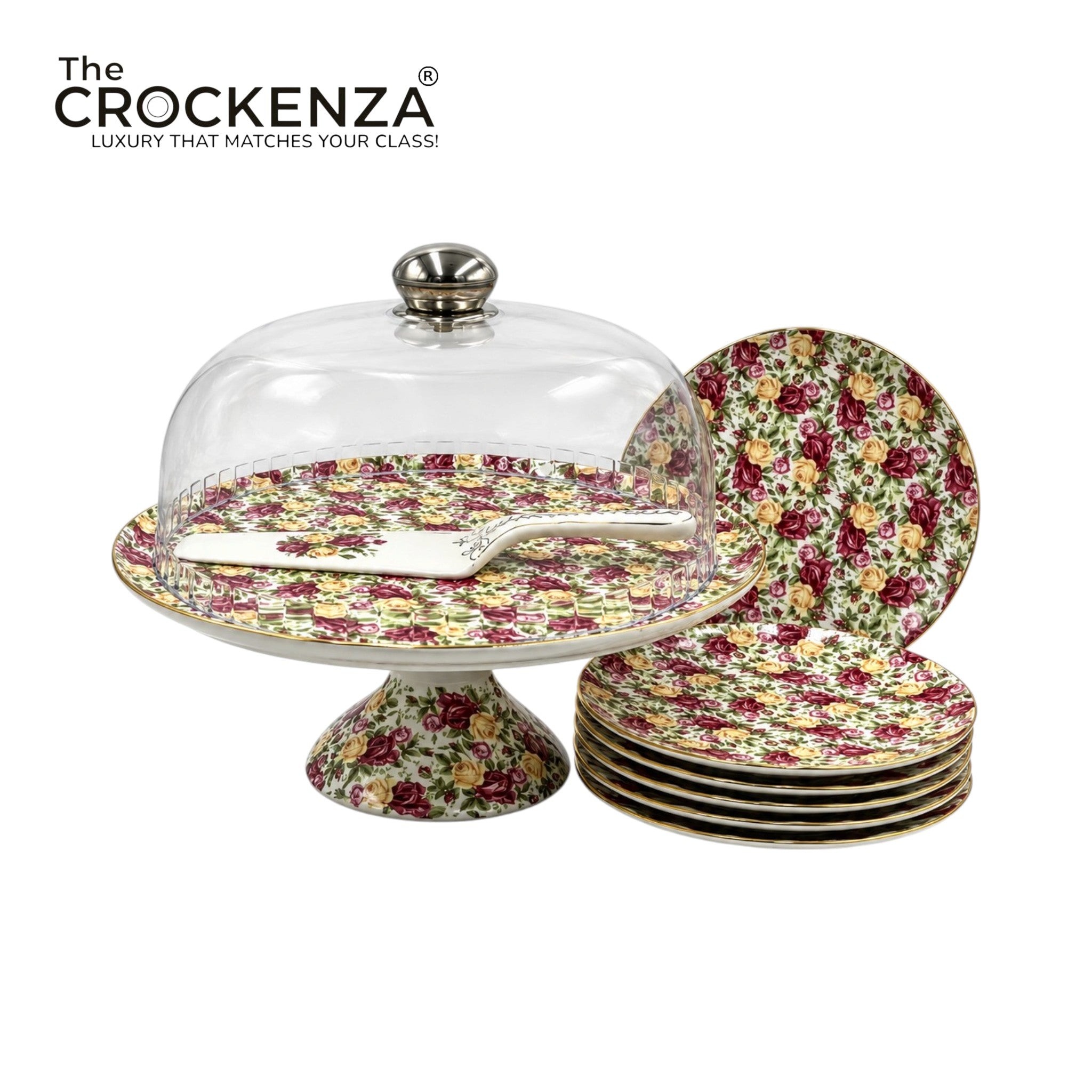 Royal Albert–Inspired 9-Pcs Bone China Cake Set | Floral Elegance with Acrylic Dome
