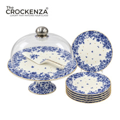 Royal Albert–Inspired 9-Pcs Bone China Cake Set | Floral Elegance with Dome