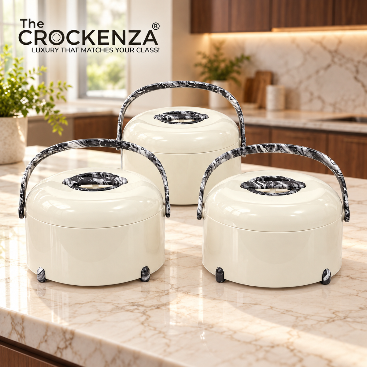 Imported Forever Gold Hotpot Set – Pearl White with Black Marble Finish (3L, 4L & 5L)
