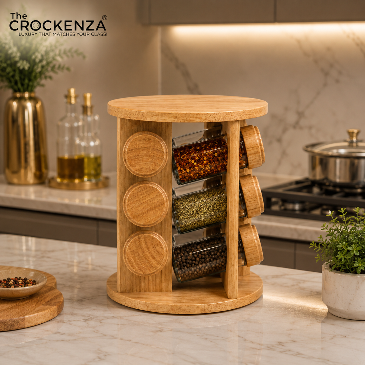 12-Jar Rotating Wooden Spice Rack Tower – Revolving Countertop Spice Organizer Carousel Set with Glass Jars