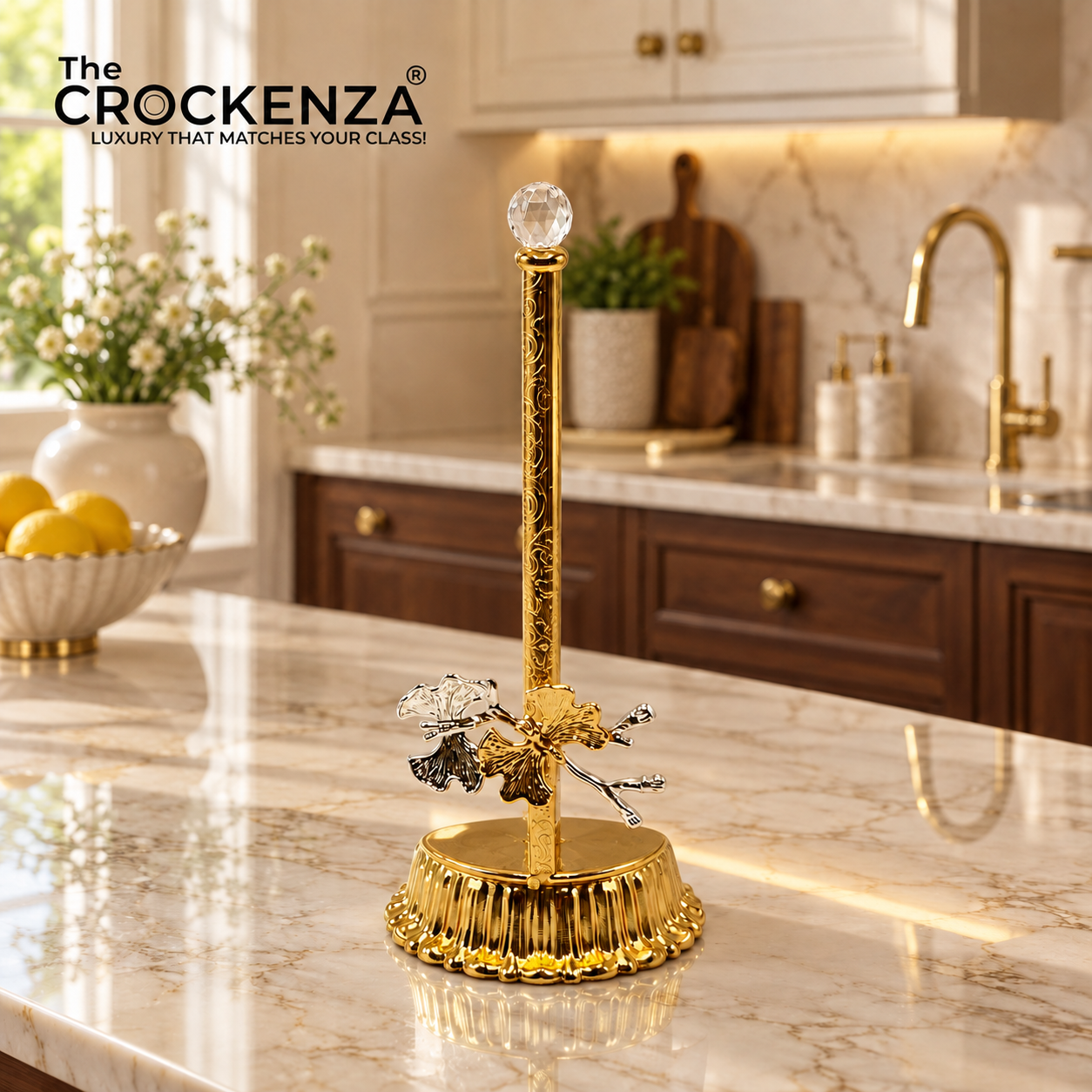 Luxury Gold Tissue Roll Holder Stand with Floral Details & Faceted Top