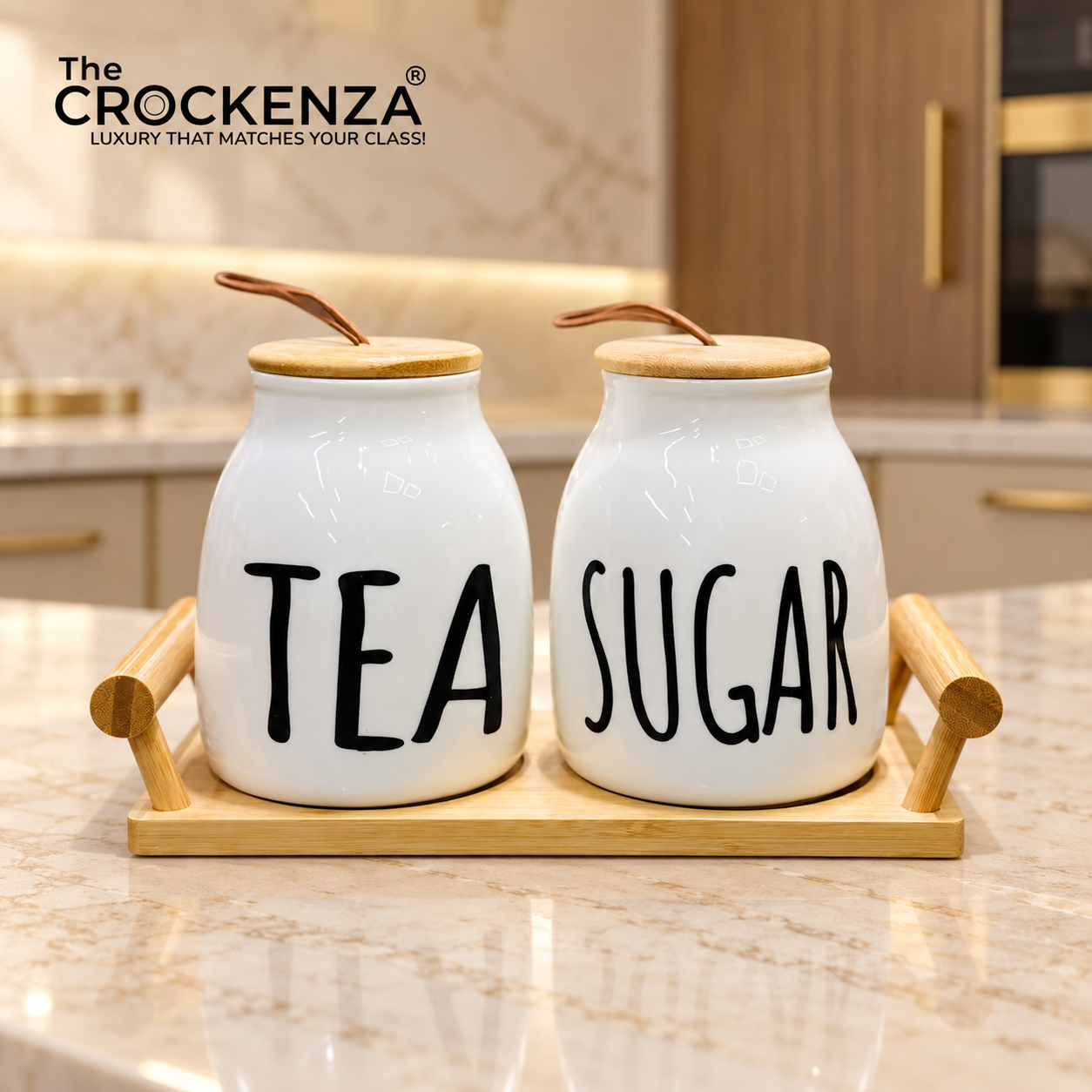 Modern Ceramic Tea and Sugar Container Set with Bamboo Lids and Serving Tray