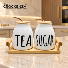 Modern Ceramic Tea and Sugar Container Set with Bamboo Lids and Serving Tray