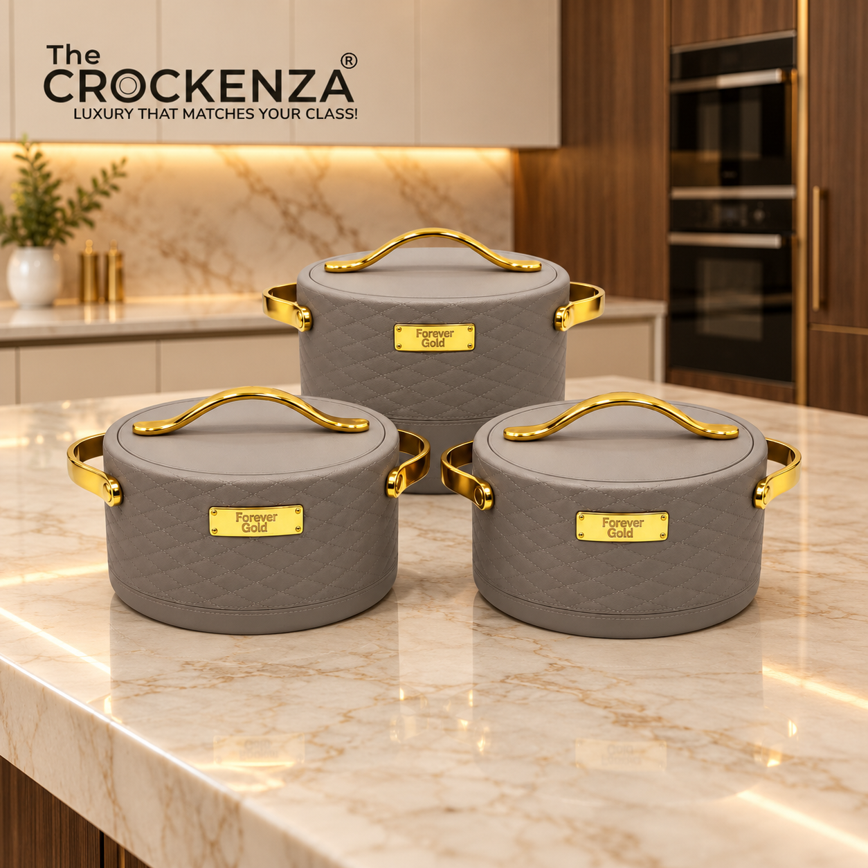 Imported Forever Gold 3-Piece Hotpot Set – Warm Grey & Gold | 1.5L, 2L & 2.5L