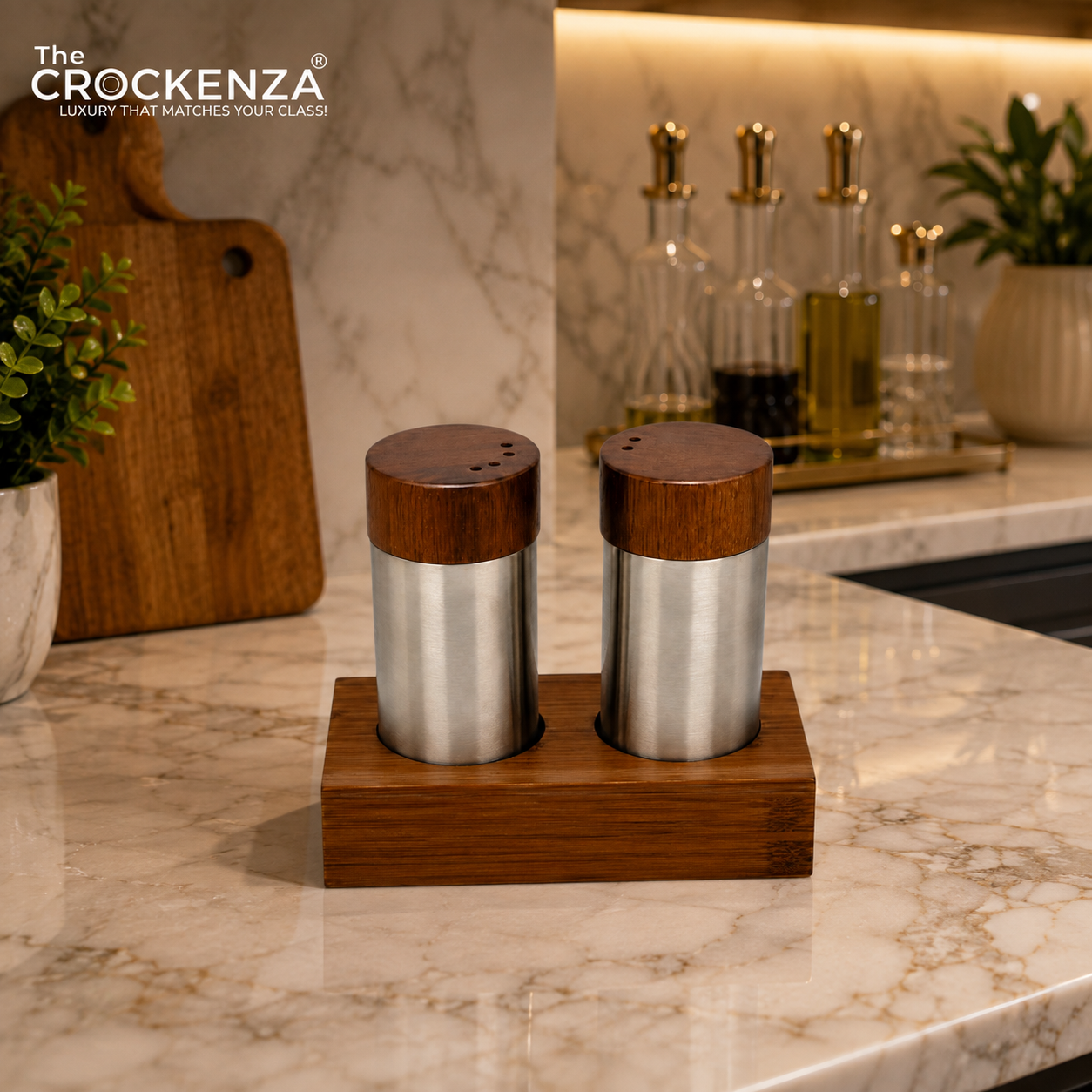 2-Piece Stainless Steel Salt & Pepper Shaker Set with Wooden Base