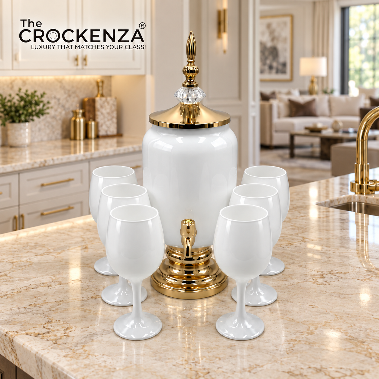 The Crockenza Pearl 7-Piece Luxury Beverage Set – 3L Pristine White Dispenser with Gold Accents & 6 Matching Glasses