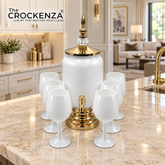 The Crockenza Pearl 7-Piece Luxury Beverage Set – 3L Pristine White Dispenser with Gold Accents & 6 Matching Glasses