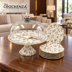 Royal Albert–Inspired 9-Pcs Bone China Cake Set | Floral Elegance Acrylic with Dome
