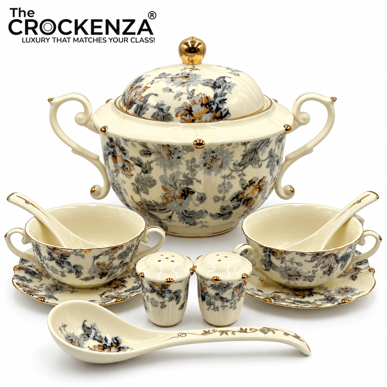 Imported Royal Albert Inspired 23-Piece Floral Soup Set with Gold Trim
