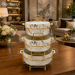 Premium 3-Piece Marble Pattern Ceramic Chafing Dish Set with Lid & Gold Metal Rack Stand | Modern Buffet Serving Bowls