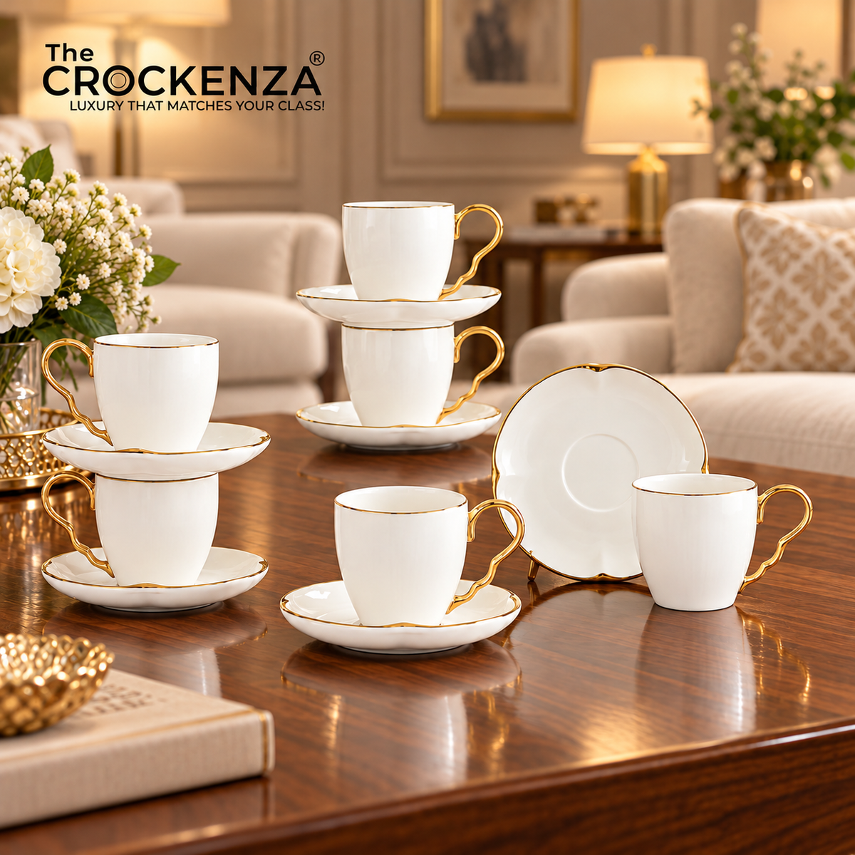 Imperial Thailand Inspired 12-Piece Cup & Saucer Set – White with Gold Handles