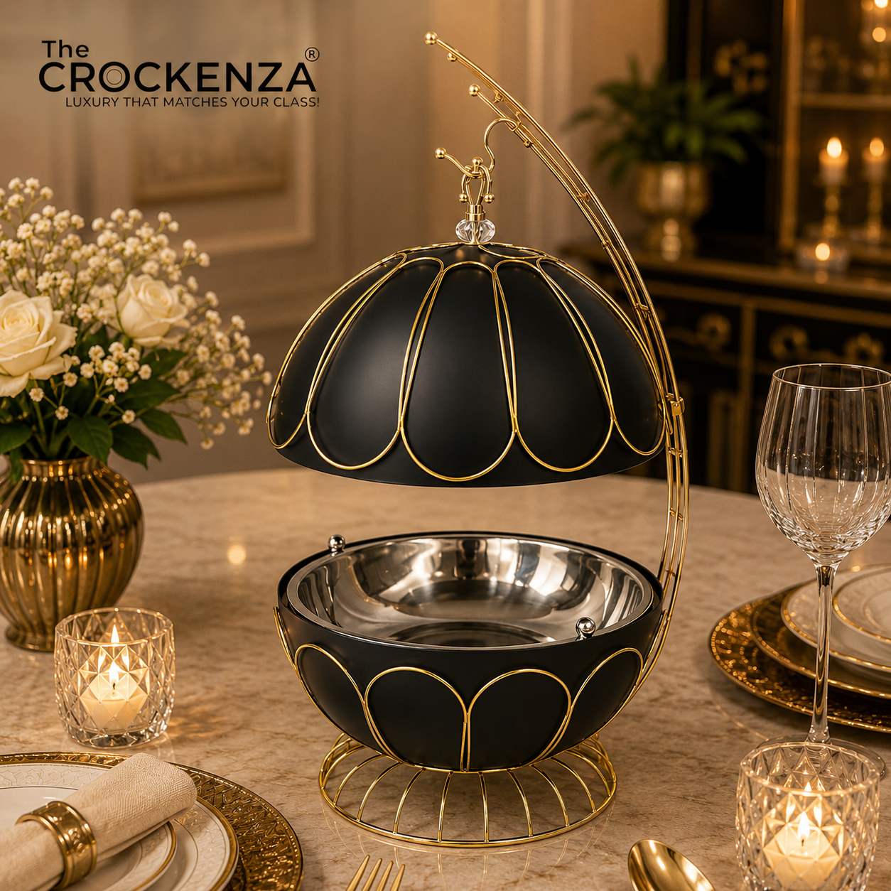 Luxury Black & Gold Stainless Steel Buffet Dish with Hanging Lid – Premium Royal Food Warmer & Serving Dish (8 Litre)