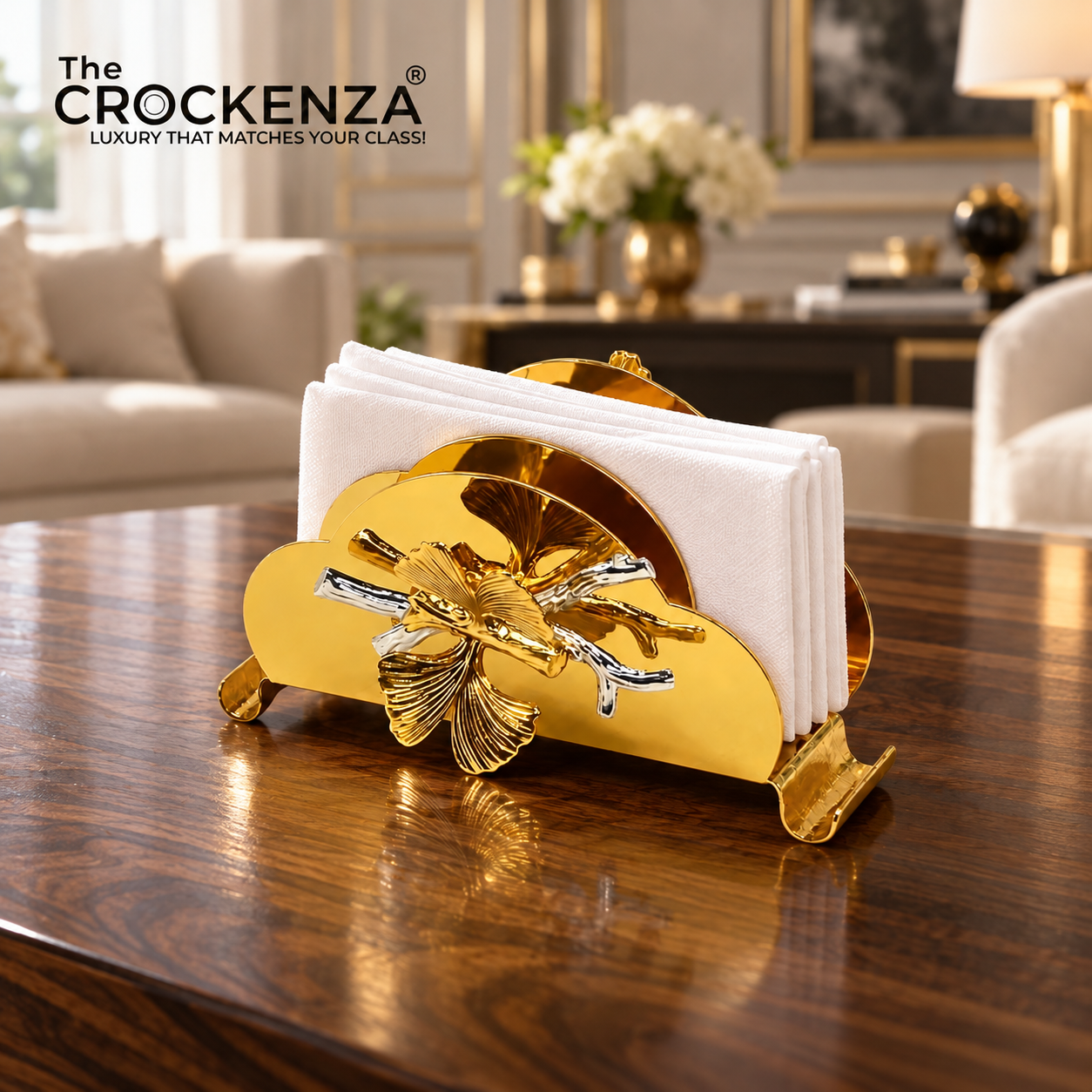 Luxury Gold Napkin Holder Stand with Ginkgo Leaf Design