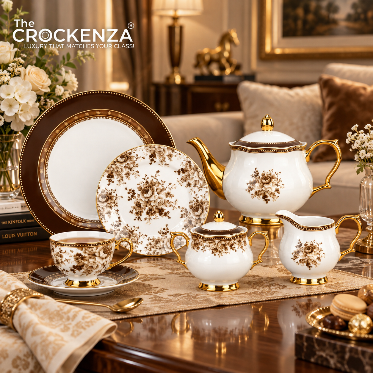 24 Piece Luxury Johnson Bros inspired Bone China Tea Set – Heritage Sepia Floral Tea Set