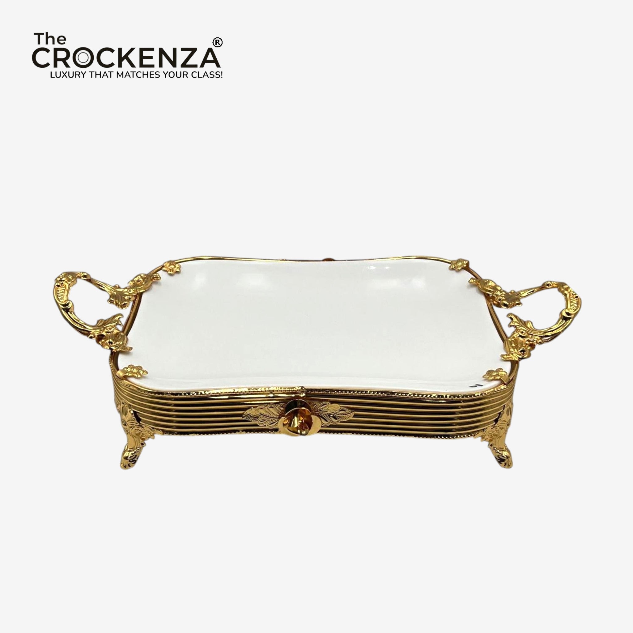 Luxury Golden Platter with Handles | Elegant Decorative Rectangular Serving Tray