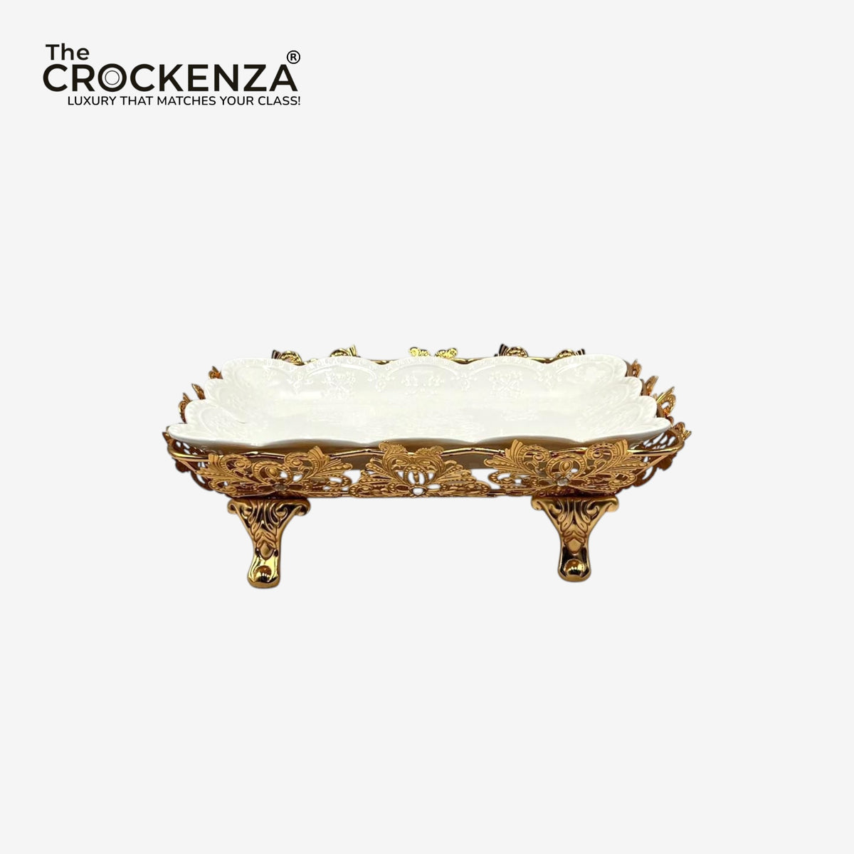 Luxury White Ceramic and Gold Filigree Serving Platter | Centerpiece Tray