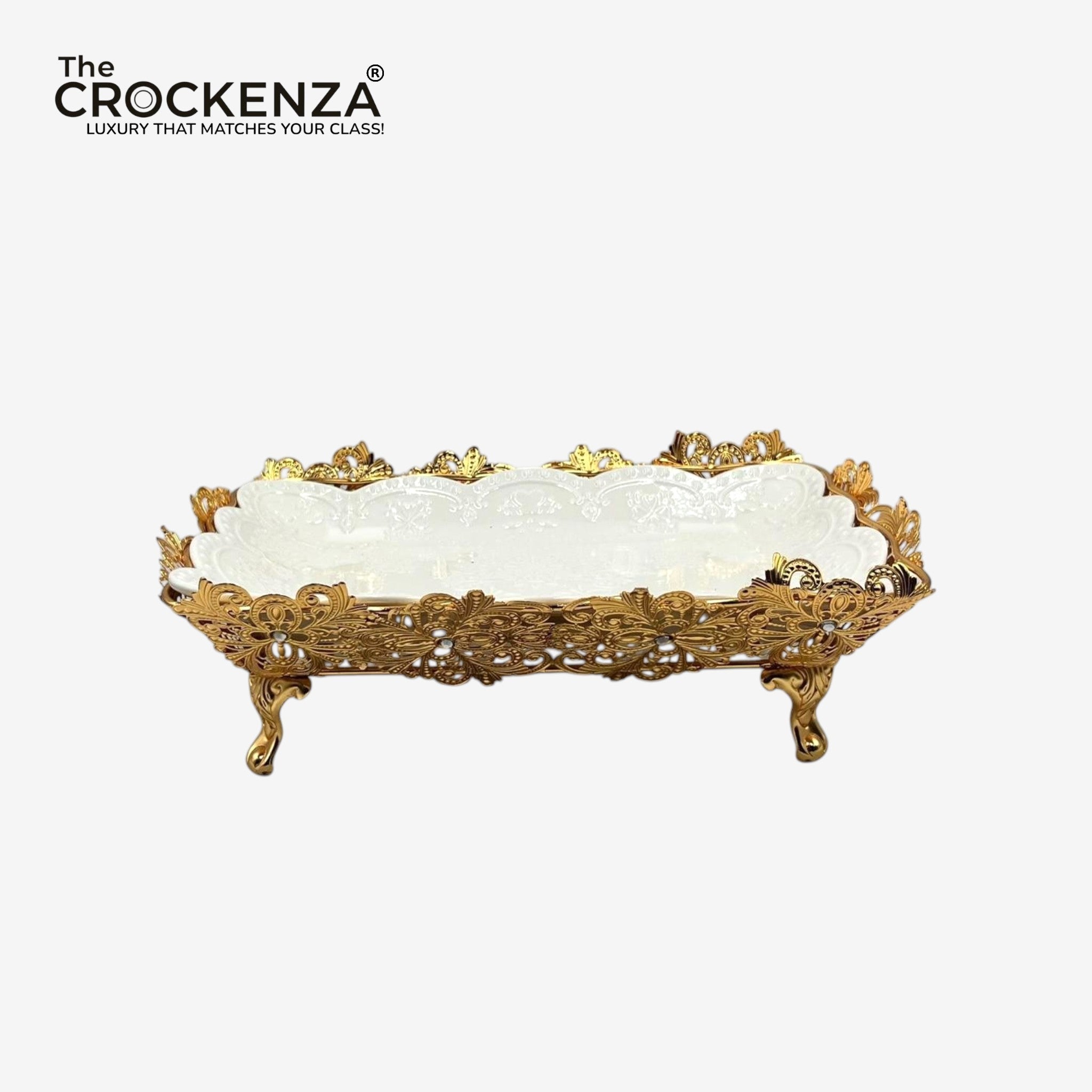 Luxury White Ceramic and Gold Filigree Serving Platter | Centerpiece Tray