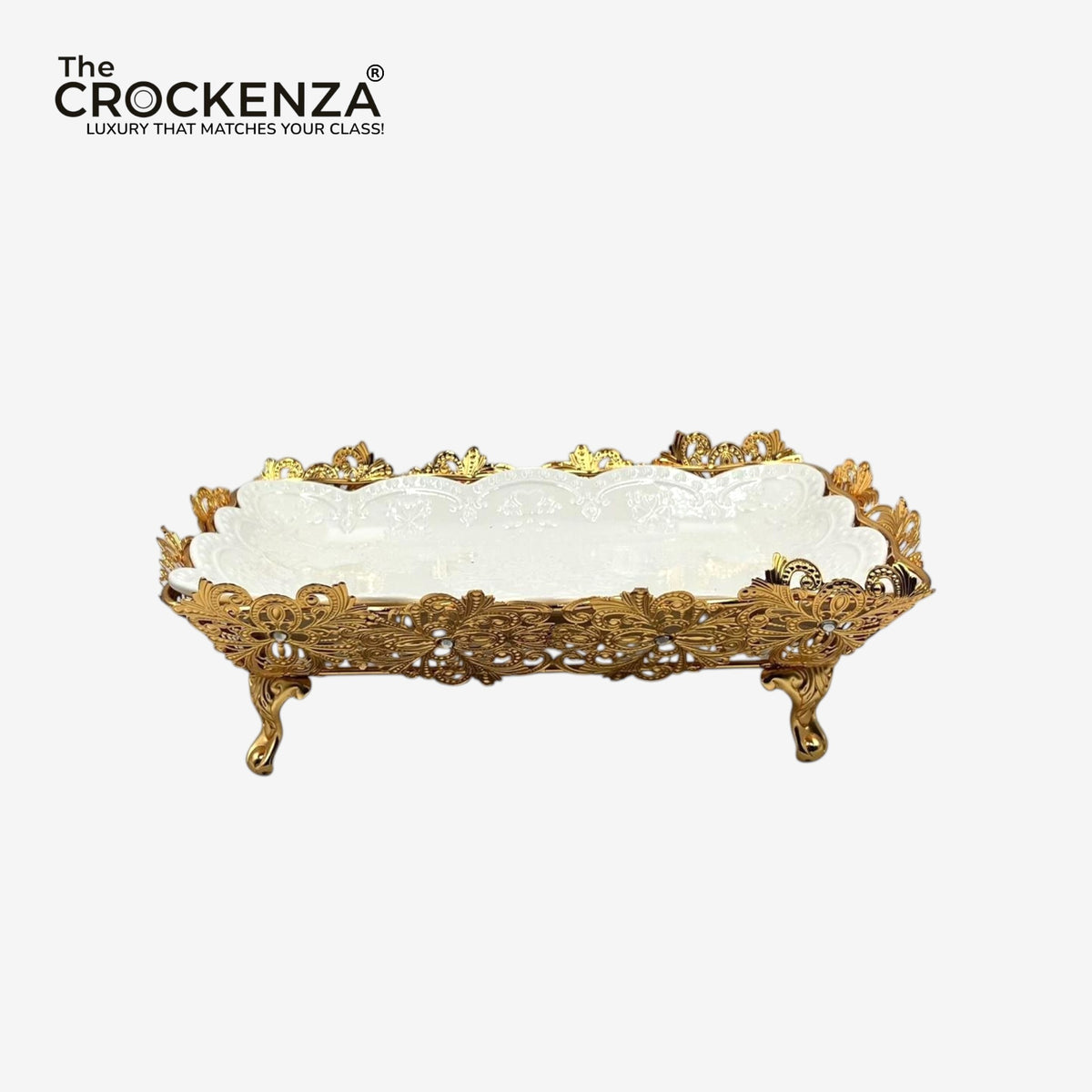 Luxury White Ceramic and Gold Filigree Serving Platter | Centerpiece Tray