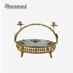 Imported Golden Serving Platter | Luxury Round Tray with Floral Handle Design