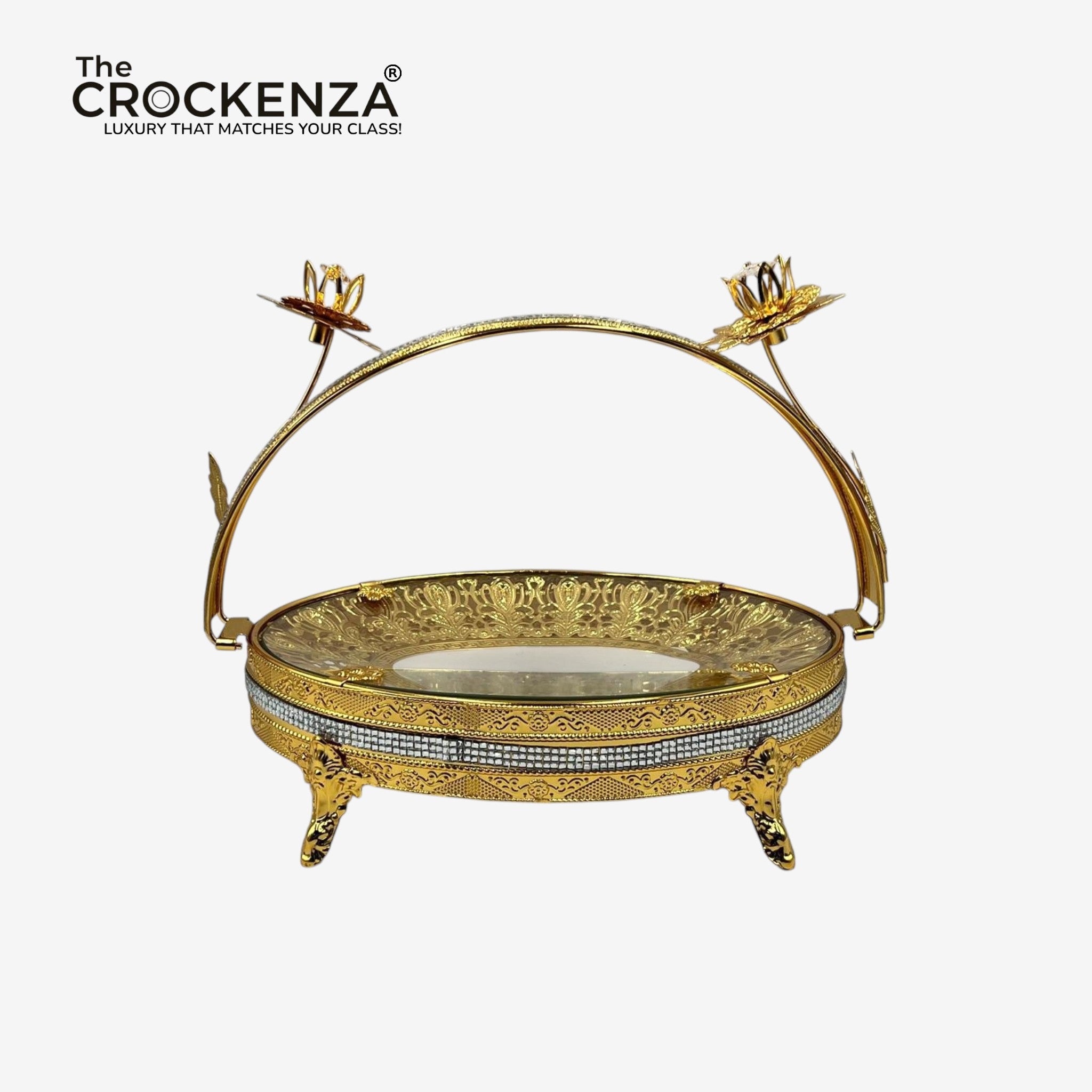 Luxury Golden Serving Platter with Handle | Decorative Metal Tray for Table Decor