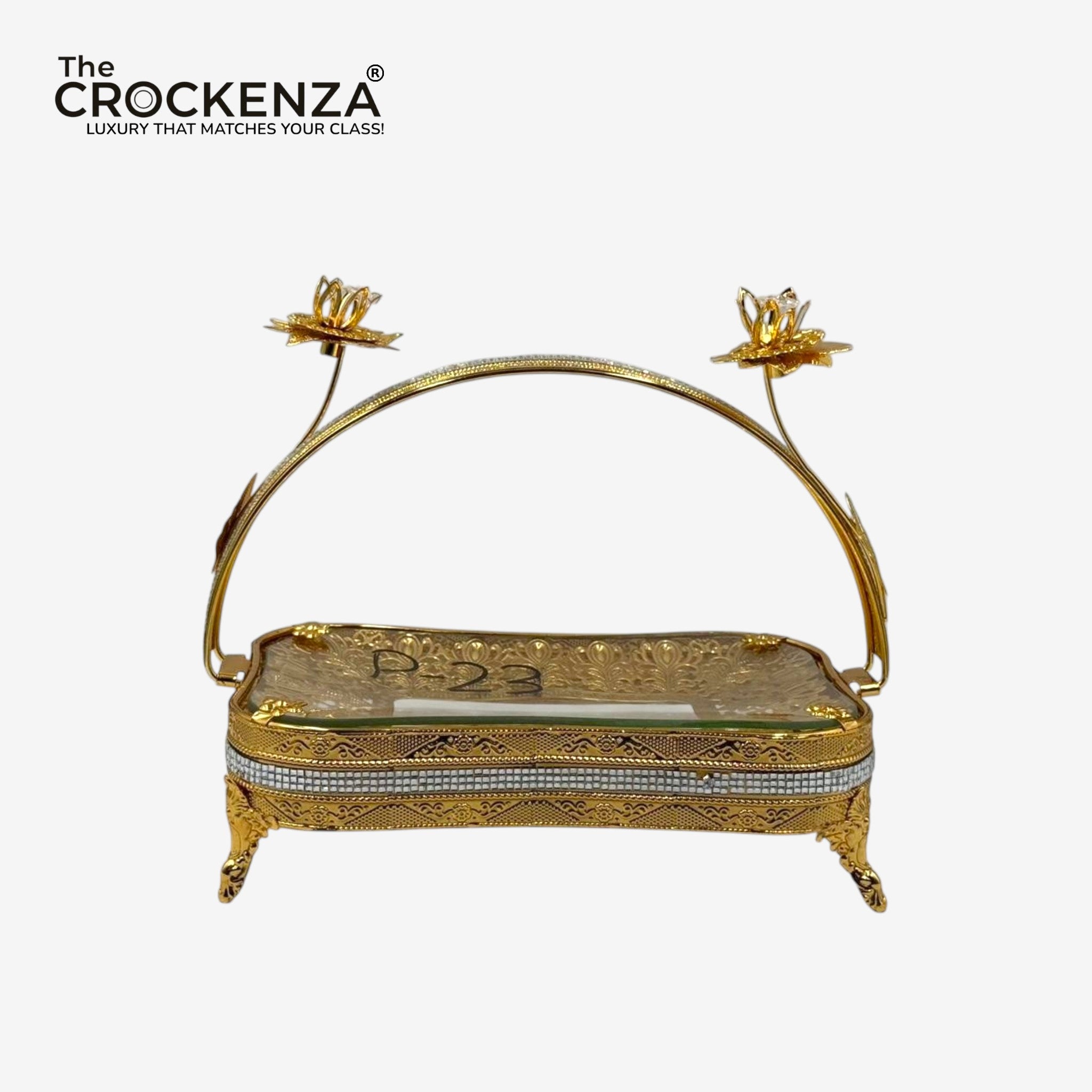 Luxury Golden Serving Platter with Handle | Decorative Metal Tray for Table Decor