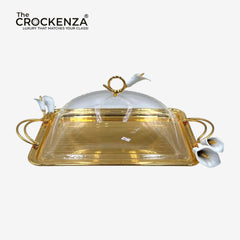 Luxury Golden Platter with Dome Lid | Imported Serving Tray with Floral Handles
