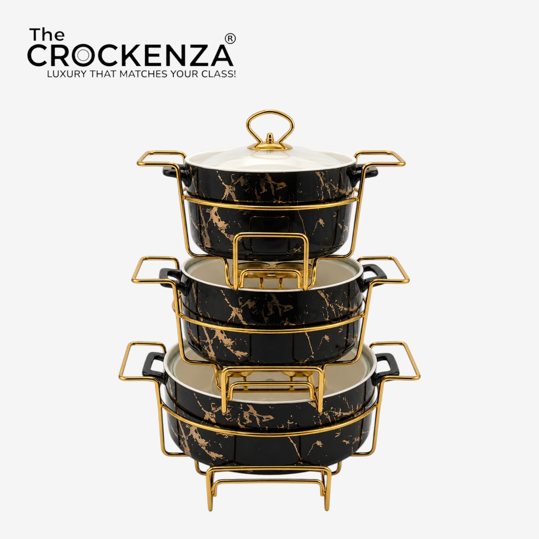 Royal Black Marble Chafing Dish Set with Gold Metal Racks – 3-Piece Buffet Server Set