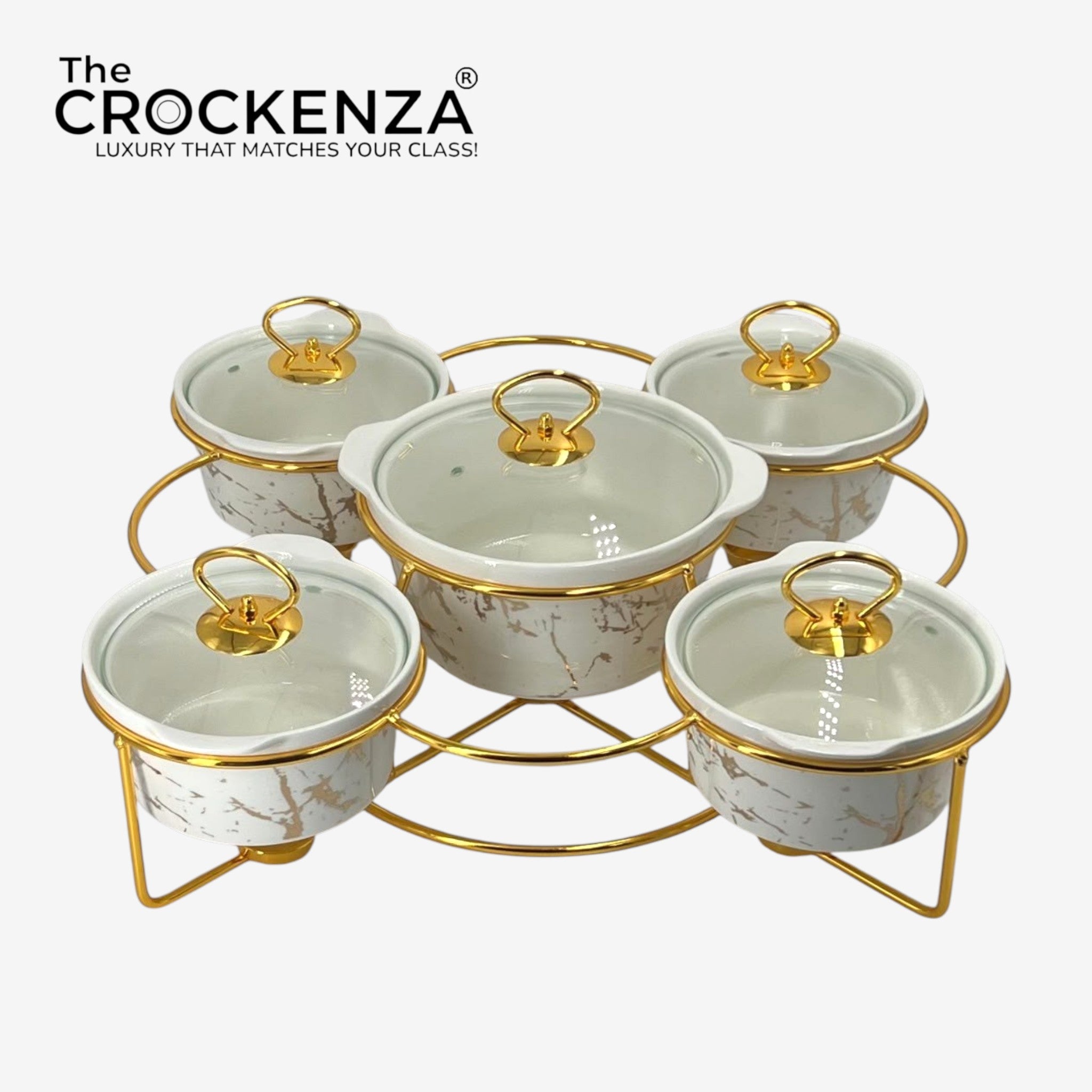 Luxury 5-in-1 Serving Buffet Dishes with Golden Stand | Premium Imported Design