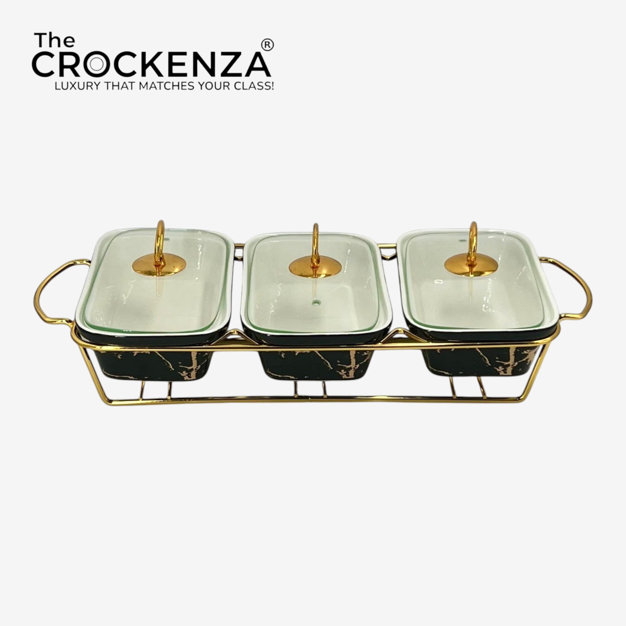 Elegant Triple Chafing Serving Dishes with Handles & Metal Stand – Black Marble Buffet Set (9" each)