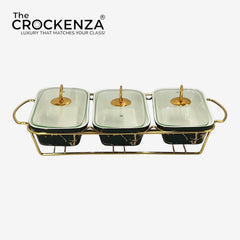 Elegant Triple Chafing Serving Dishes with Handles & Metal Stand – Black Marble Buffet Set (9" each)
