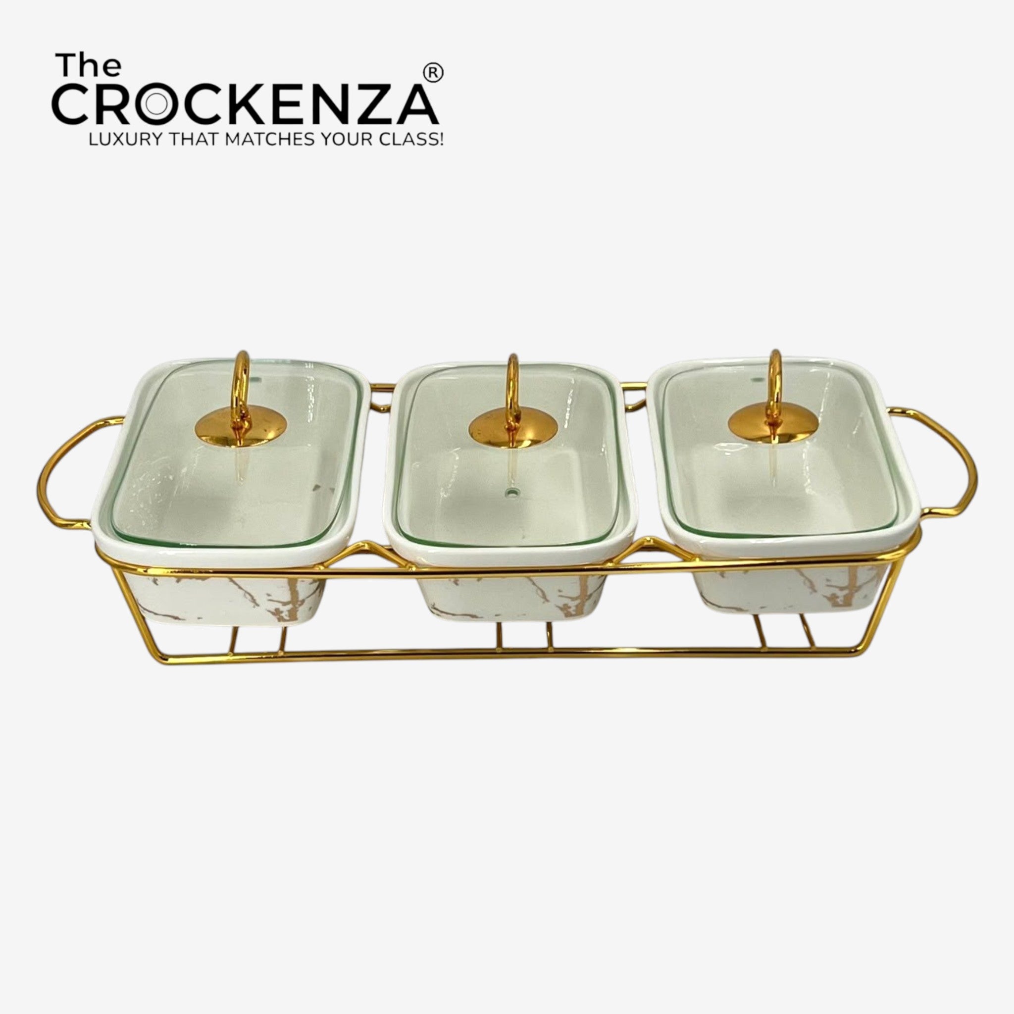 Elegant Triple Chafing Serving Dishes with Handles & Metal Stand – White Marble Buffet Set (9" each)