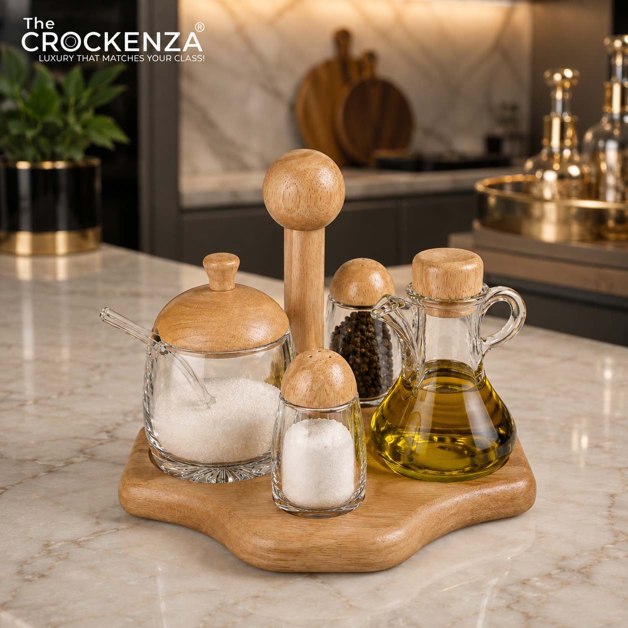 Premium Wood and Acrylic Tabletop Cruet Set with Handle – 5-Piece Unbreakable Condiment Organizer Set for Kitchen & Dining