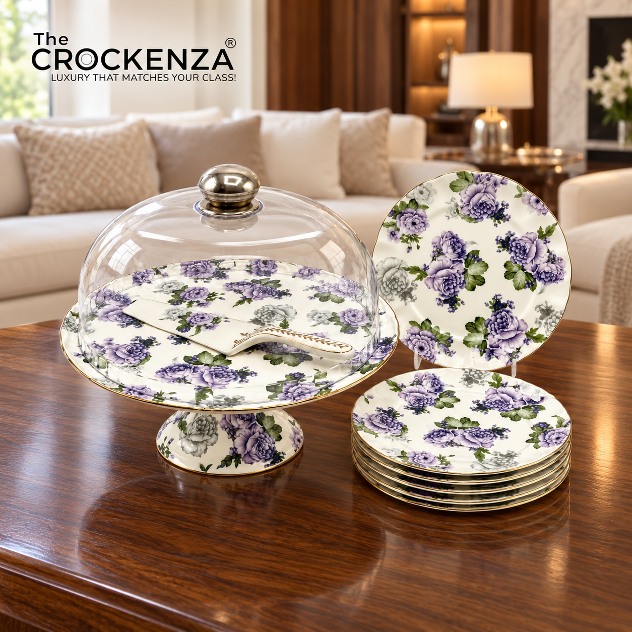 Royal Albert–Inspired 9-Pcs Bone China Cake Set | Floral Elegance with Acrylic Dome