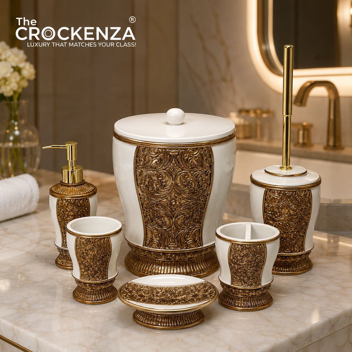 The Crockenza Imperial Ivory Gold 6-Piece Bath Set | Luxury Vintage Baroque Bathroom Accessories