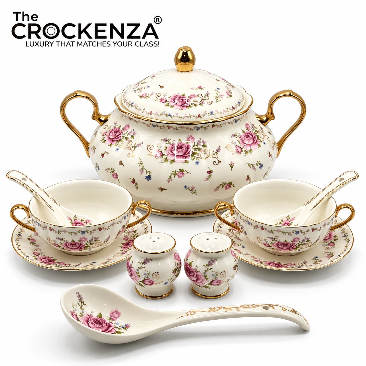 Imported Royal Albert Inspired 23-Piece Floral Soup Set with Gold Trim