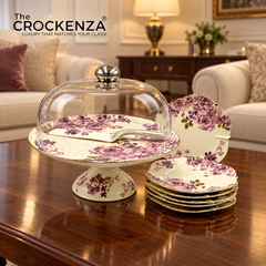 Royal Albert–Inspired 9-Pcs Bone China Cake Set | Floral Elegance with Acrylic Dome