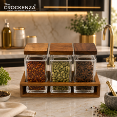 3-Piece Airtight Acrylic Spice Jars with Wooden Lids & Base Rack – Modern Kitchen Storage Container Set